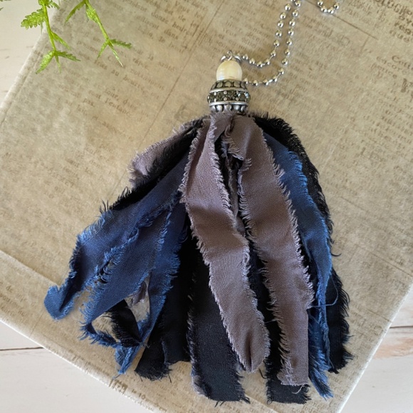 Blue Rag Ball Chain Necklace - Picture 2 of 3